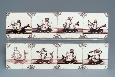 Thirty-three Dutch Delft manganese tiles with seacreatures and ships, 18/19th C.