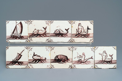 Thirty-three Dutch Delft manganese tiles with seacreatures and ships, 18/19th C.