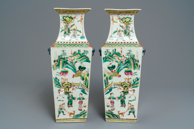 A pair of square Chinese famille rose vases with warriors and court scenes, 19th C.