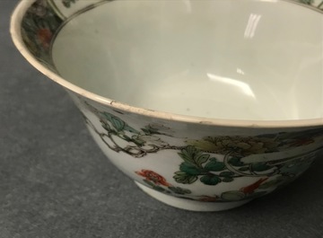 A pair of Chinese famille verte 'peacock among blossoms' bowls, Kangxi