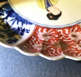 A Chinese verte-Imari 'lady and squirrel' plate, Kangxi