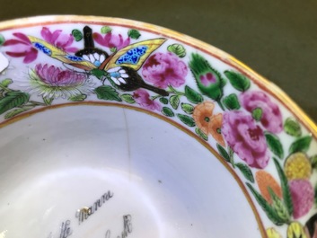 A pair of Chinese Canton famille rose cups and saucers inscribed for Van Speyk and dated 1831