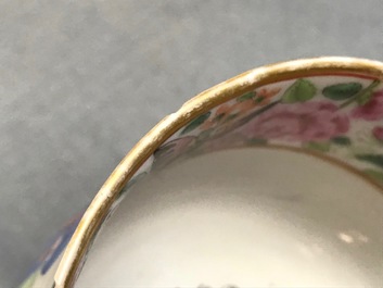 A pair of Chinese Canton famille rose cups and saucers inscribed for Van Speyk and dated 1831