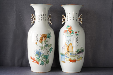 Two Chinese famille rose two-sided design vases, 19/20th C.