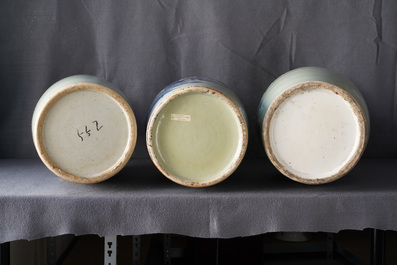 Three Chinese blue and white on celadon ground vases, 19th C.