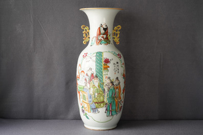 A Chinese famille rose two-sided design vase, 19/20th C.