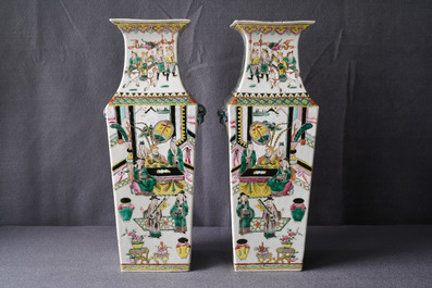 A pair of square Chinese famille rose vases with warriors and court scenes, 19th C.