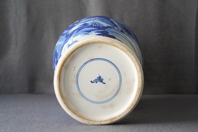 A Chinese blue and white 'river landscape' baluster vase with overglaze accents, Kangxi