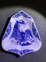 A Chinese blue and white sweetmeat or rice table set with figural design, Kangxi