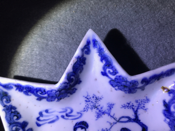 A Chinese blue and white sweetmeat or rice table set with figural design, Kangxi