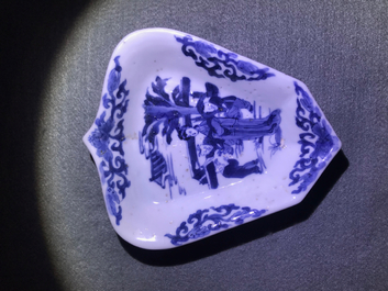 A Chinese blue and white sweetmeat or rice table set with figural design, Kangxi