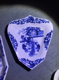 A Chinese blue and white sweetmeat or rice table set with figural design, Kangxi