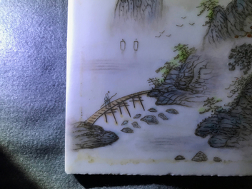 Four square Chinese qianjiang cai landscape plaques, 20th C.