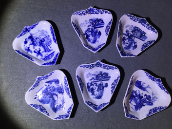 A Chinese blue and white sweetmeat or rice table set with figural design, Kangxi