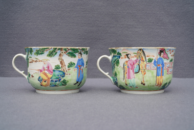 A pair of Chinese Canton famille rose cups and saucers inscribed for Van Speyk and dated 1831