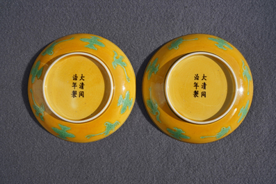 Een paar Chinese borden met draken in groen en aubergine op gele fondkleur, Tongzhi merk en wellicht periode