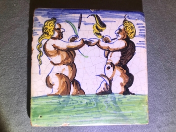 A polychrome Dutch Delft 'Triton and mermaid' tile, Rotterdam, 1st quarter 17th C.