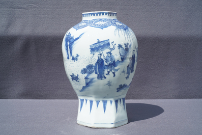 A Chinese blue and white baluster vase with figural design, Transitional period