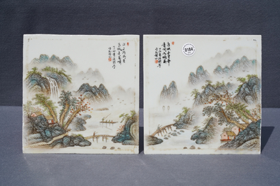 Four square Chinese qianjiang cai landscape plaques, 20th C.