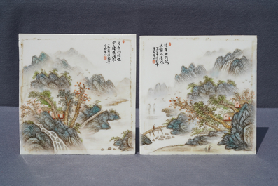 Four square Chinese qianjiang cai landscape plaques, 20th C.