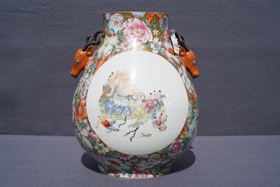 A Chinese famille rose 'millefleurs' hu vase, Qianlong mark, 20th C.