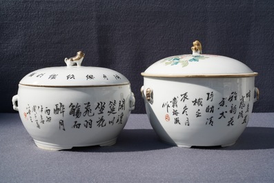 Two Chinese qianjiang cai covered bowls with birds, 19/20th C.