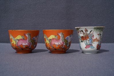 Five sets of Chinese famille rose cups and saucers and a pair of cups with horses, 19/20th C.