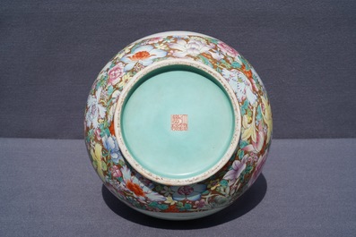 A Chinese famille rose 'millefleurs' hu vase, Qianlong mark, 20th C.