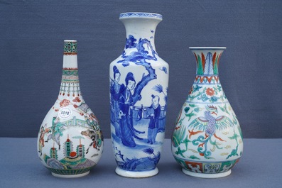 Three Chinese blue and white, doucai and famille verte vases, 19/20th C.