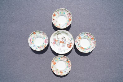 Five sets of Chinese famille rose cups and saucers and a pair of cups with horses, 19/20th C.