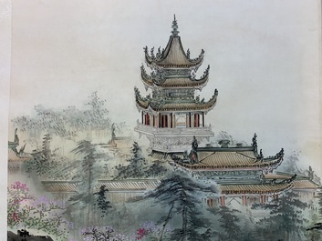 Quatre peintures rouleaux sur papier formant un paysage, Chine, 20&egrave;me