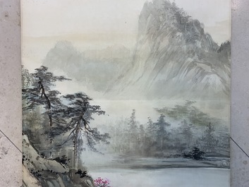 Four Chinese scroll paintings forming a large landscape, 20th C.