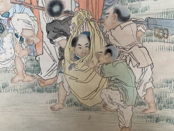 Shen Zhaohan (Xinhai) (China, 1855 - 1941): Bouddha aux enfants, encre et couleurs sur papier, mont&eacute; en rouleau
