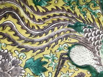 A Chinese green, yellow and aubergine-glazed biscuit 'phoenixes' dish, He He Jia Chan mark, Transitional period