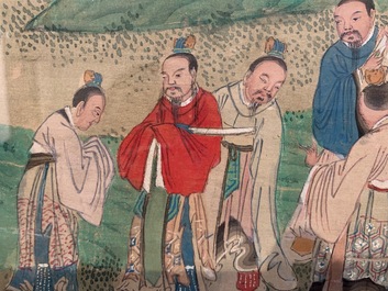 Trois peintures chinoises sur textile: 'Aux bords des rivi&egrave;res', 18/19&egrave;me