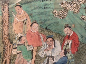 Trois peintures chinoises sur textile: 'Aux bords des rivi&egrave;res', 18/19&egrave;me