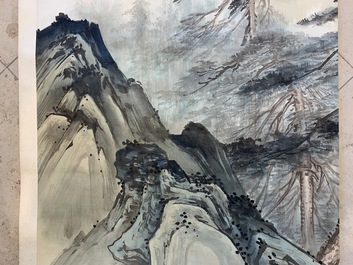 Four Chinese scroll paintings forming a large landscape, 20th C.