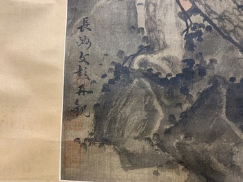 Chinese school, Qing, after Wang Fu (1362-1416): Figures in a landscape, ink and color on silk, mounted on scroll