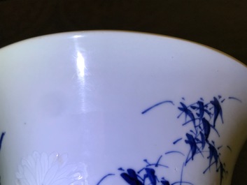 A Chinese blue and white 'bianco sopra bianco' yenyen vase with birds among flowers, Kangxi