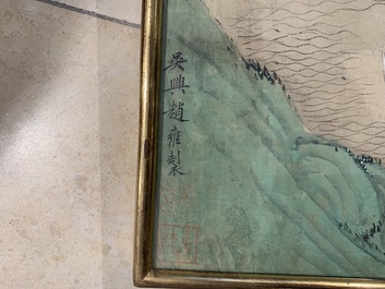 Trois peintures chinoises sur textile: 'Aux bords des rivi&egrave;res', 18/19&egrave;me