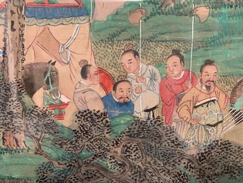 Trois peintures chinoises sur textile: 'Aux bords des rivi&egrave;res', 18/19&egrave;me