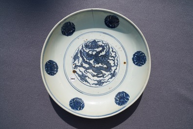 A Chinese blue and white 'winged dragon' dish, Jiajing mark and period