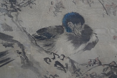 Tani Buncho (Japan, 1763-1841): Birds on a flower branch, ink and color on silk, framed