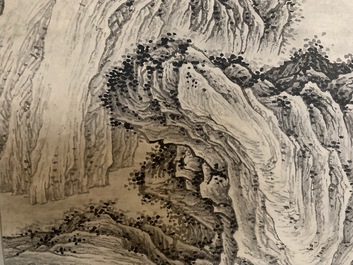 Wu Hufan (China, 1894-1968): Berglandschap met figuur, inkt op papier, gemonteerd op rol