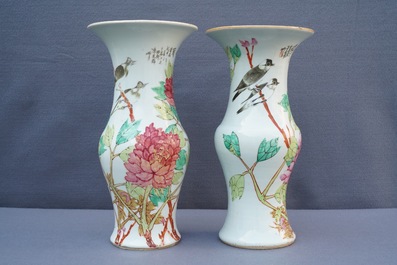 Four Chinese qianjiang cai vases with birds and flowers, 19/20th C.