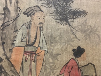 Ecole chinoise, Qing, d'apr&egrave;s Wang Fu (1362-1416): Figures dans un paysage, encre et couleurs sur soie, mont&eacute;e en rouleau