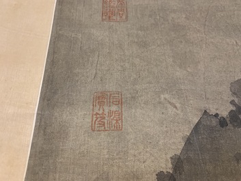 Chinese school, Qing, naar Wang Fu (1362-1416): Landschap met figuren, inkt en kleur op zijde, gemonteerd op rol