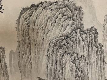 Wu Hufan (Chine, 1894-1968): Paysage montagnard avec personnage, encre sur papier, mont&eacute; en rouleau