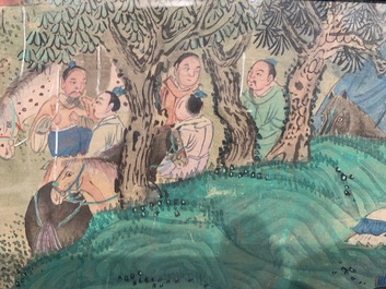 Trois peintures chinoises sur textile: 'Aux bords des rivi&egrave;res', 18/19&egrave;me