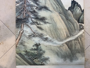 Four Chinese scroll paintings forming a large landscape, 20th C.